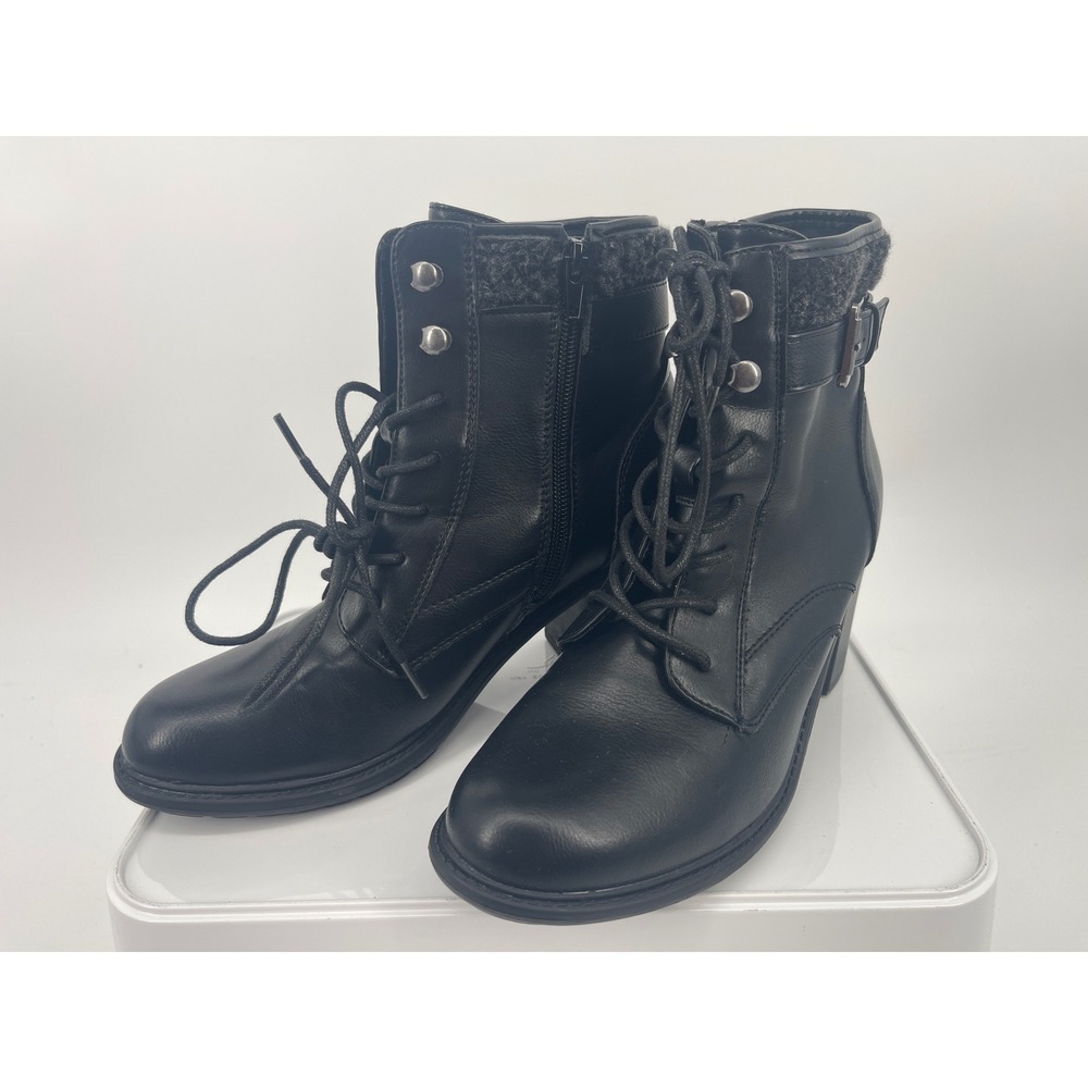 Self Esteem Renaldo Combat Ankle Boots Womens 8.5 Black Faux Fur Trim Block Heel
